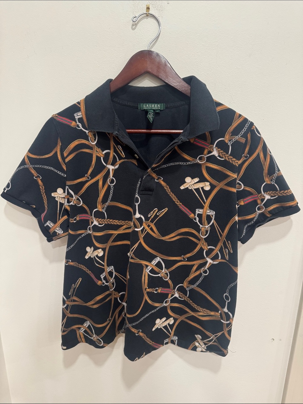 Lauren Ralph Lauren Equestrian Belt Polo Shirt 1X Black Chain Stirrup Print